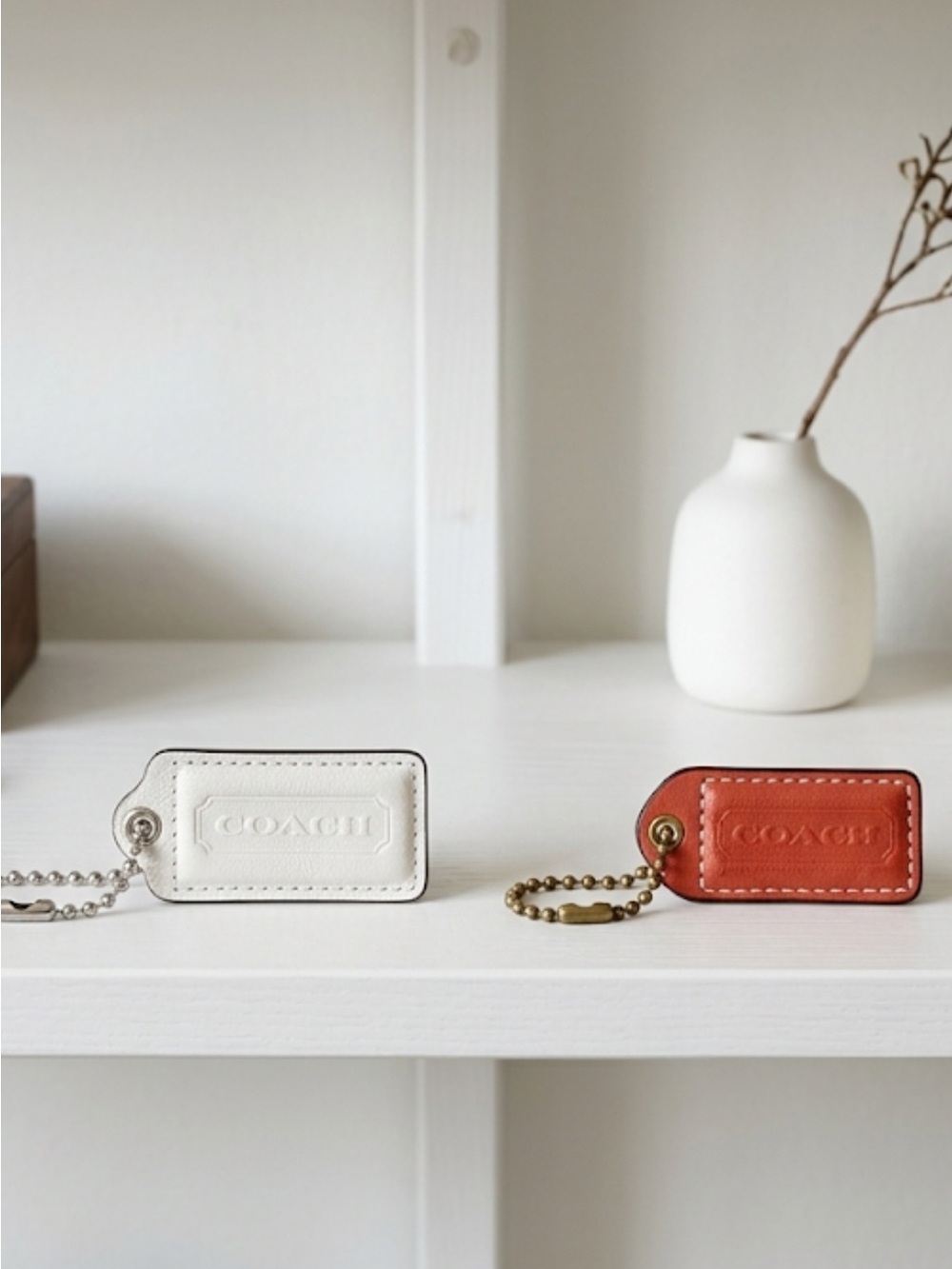 Coach Leather Key Tag Pair in White and red
